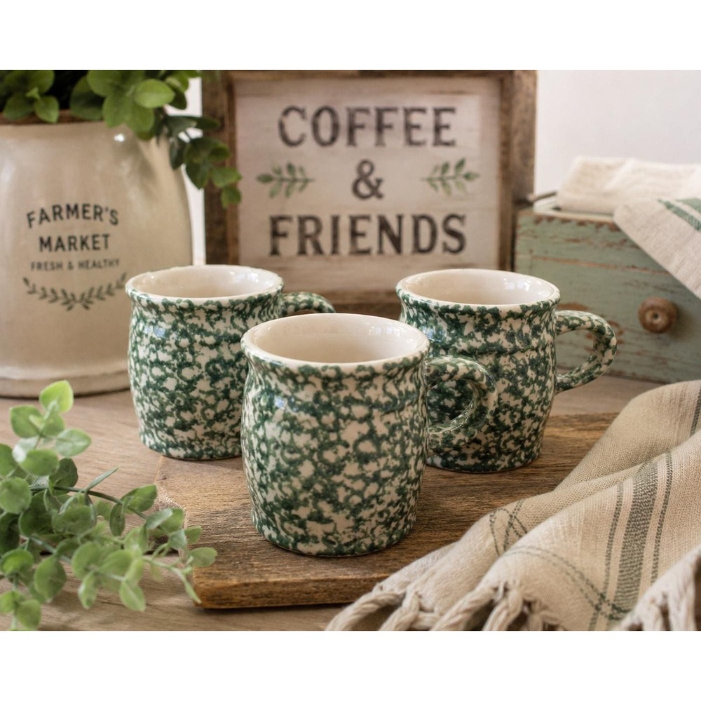 Vintage Green Spongeware Mugs Roseville Pottery